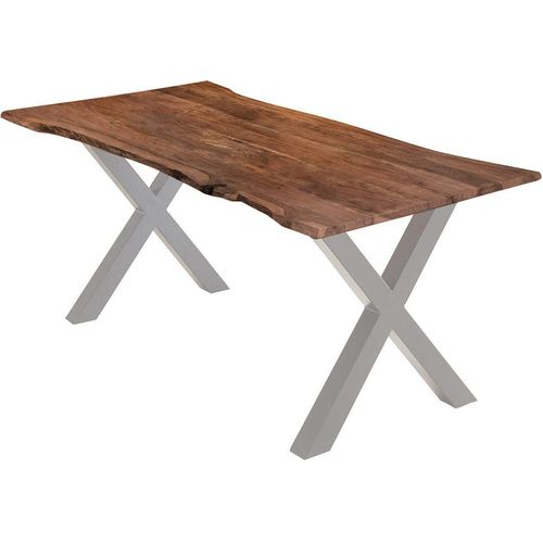 Esstisch 280x100 cm Burgos, Akazienholz massiv + nussbaumfarben + lackiert, echte Baumkante, Baumkantentisch mit X-Gestell aus Metall Silber, Tischplatte 26 mm