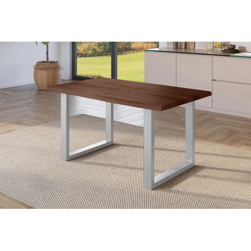 Esstisch 140x80 cm Baumkante Holz Nussbaum-Optik U-Gestell Metall silber JULIUS