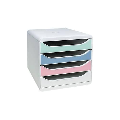 Exacompta Pop Box Schubladenbox, für A4/A4+, aus recyceltem Kunststoff, geschlossene Schubladen, stapelbar, leiser Auszug, 4 Schubladen, farbsortiert