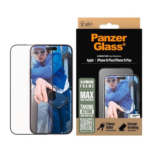PanzerGlass Displayschutzglas »Aluminum Frame Screen Protection«, für Apple iPhone 16 Plus-Apple iPhone 15 Plus, Displayschutzfolie, Schutzfolie, Bildschirmschutz, kratz- & stossfest