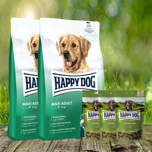 Happy Dog Fit & Vital Maxi Adult 2 x 14 kg + 3 x 100 g Happy Dog Soft Snack Neuseeland