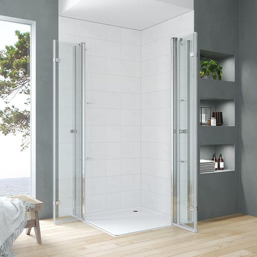 Duschkabine 100x100cm Eckeinstieg aus stabilem ESG Sicherheitsglas Falttür Duschwand Dusche Duschabtrennung Eckdusche Doppeltüren an Festteilen mit Eckablage Höhe 187cm rahmenlos