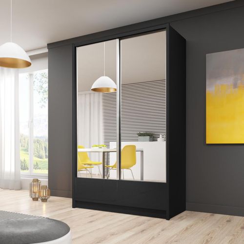 Spiegelschrank Lara II 2-türig Kleiderschrank mit Spiegel Garderobe im modernes Stil, Farbe: Schwarz, Breite: 130 cm