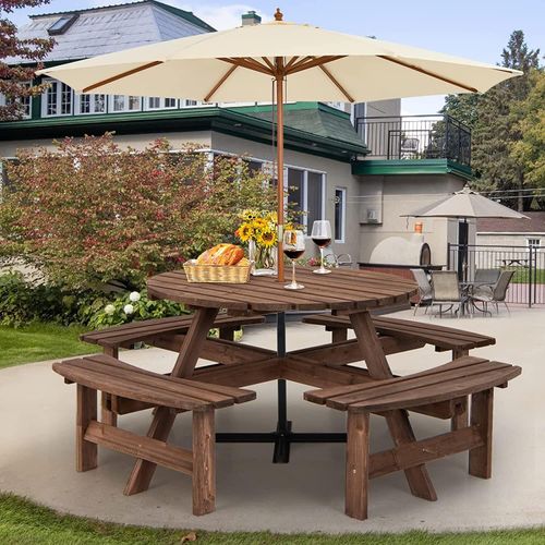 Gartenmöbel Set 8 Personen, Sitzgruppe 4 Bänken & 1 Gartentisch, Picknicktisch mit Schirmloch, Bierzeltgarnitur
