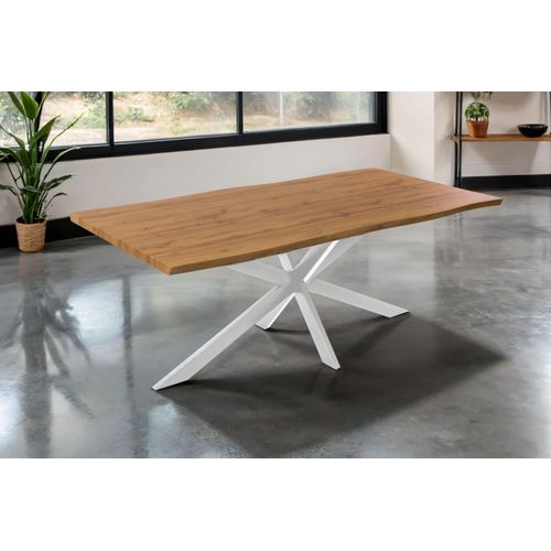 Esstisch 200x100 cm Baumkante Holz Wildeiche-Optik Spider-Gestell Metall weiß JOSY
