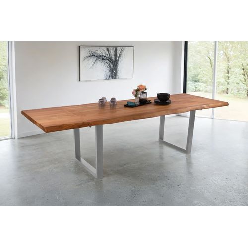Esstisch Baumkante Akazie natur 140 (220) x 90 cm U-Gestell silber mit Ansteckplatten CALI