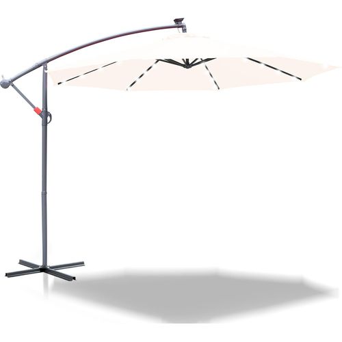 Sonnenschirm mit LED Beleuchtung Ampelschirm 350 cm Garten Schirm mit 32 LED-Lämpchen UV-Schutz Kurbelschirm Ständer Gartenschirm Marktschirm, Beige