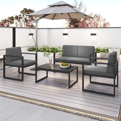 Mucola Sitzgarnitur Aluminium 4tlg. Lounge Essgruppe wetterfest Grau Tisch Terrassenmöbel Balkon