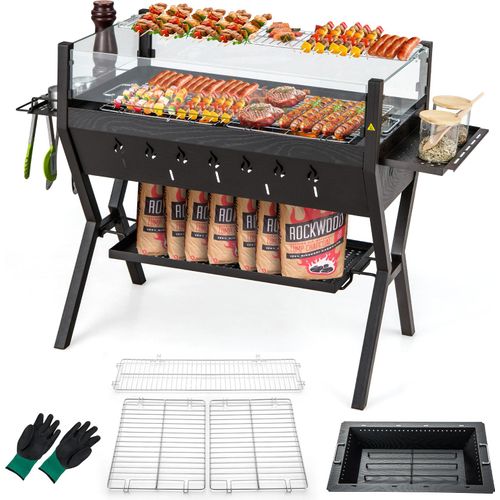 COSTWAY Holzkohlegrill mit Würzregalen, Ablage, Windschutz und Handschuhe, Campinggrill, BBQ-Grill