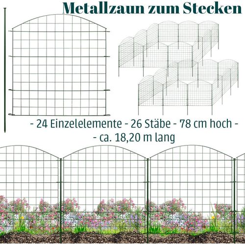 Zaun Gartenzaun Steckzaun Teichzaun für Garten Teich 24 Zaunelemente 78 cm hoch Metall Hundezaun Gitterzaun Oberbogen Grün V2Aox6 x 6cm