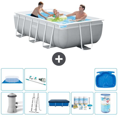 Intex Rechteckiges Prisma-Rahmen-Schwimmbecken – 300 x 175 x 80 cm – Grau – inklusive Pumpe – Leiter Abdeckung - Wartungspaket - Filter - Bodenplane - Staubsauger - Fußbad