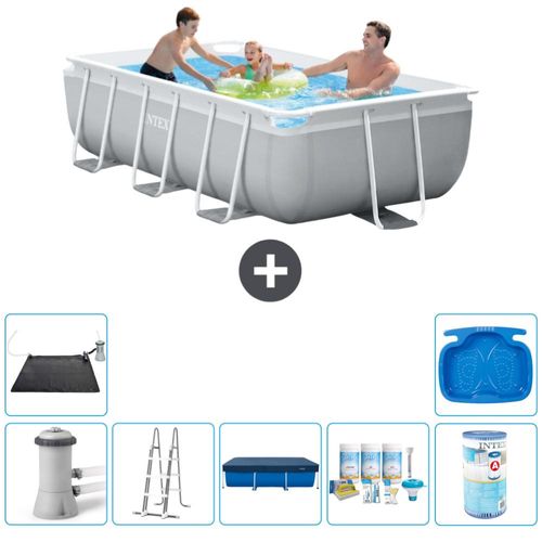 Intex Rechteckiges Prisma-Rahmen-Schwimmbecken – 300 x 175 x 80 cm – Grau – inklusive Pumpe – Leiter Abdeckung - Wartungspaket - Filter - Solarmatte - Fußbad