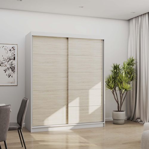 Schwebetürenschrank Kleiderschrank Schrank 160 cm Weiß/Sonoma mit Zierleisten Bono 06