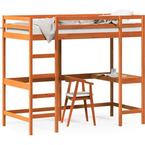 vidaXL Hochbett mit Schreibtisch Wachsbraun 90x190cm Massivholz Kiefer