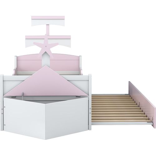 Kinderbett 90x200cm Holzbett (Ohne Matratze) Rosa Holz Einzelbett Segelbootform Mit ausziehbares Bett Bootsbett Bettende mit Stauschrank