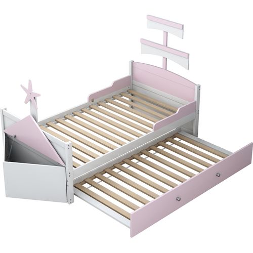 Holzbett 90x200cm Kinderbett (Ohne Matratze) Rosa Holz Einzelbett Segelbootform Mit ausziehbares Bett Bootsbett Bettende mit Stauschrank