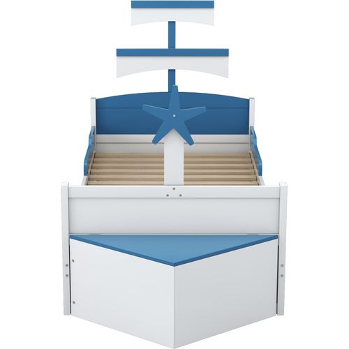 Kinderbett 90x200cm Holzbett (Ohne Matratze) Blau Holz Einzelbett Segelbootform Mit Schubladen Bootsbett Bettende mit Stauschrank