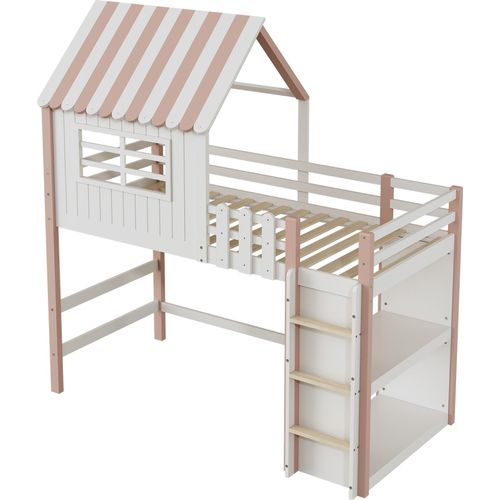 Kinderbett 90x200cm Heimbett (Ohne Matratze) Multifunktionsbett Massivholzbett Hochbett Hausbett Mit Sicherheitsleiter Ablagefach und Lattenrost Rosa