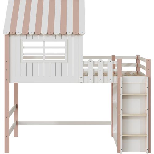 Kinderbett 90x200cm Heimbett (Ohne Matratze) Multifunktionsbett Massivholzbett Hochbett Rosa Hausbett Mit Sicherheitsleiter Ablagefach und Lattenrost