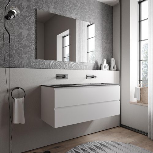Unterschrank AVA 120 cm mit Mineralguss Waschbecken BRUXELLES - Farbe wählbar, Auswahl Waschbecken:Schwarz matt ohne Hahnloch, Farbe Badmöbel:Weiß matt