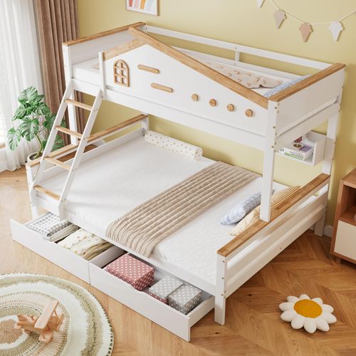 Kinderzimmer Etagenbett mit Schubladen, Fenster, offenem Regal, 4-stufiger Leiter, stabil, 90x200cm/140x200cm, weiß/natürlich