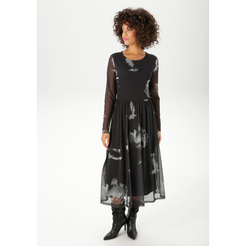 Midikleid ANISTON CASUAL, Damen, Gr. 42, N-Gr, anthrazit, grau, hellgrau, Mesh, Obermaterial: 95% Polyester, 5% Elasthan. Futter: 100% Polyester, Batikmuster, bedruckt, geblümt, modisch, figurumspielend wadenlang, Rundhals, Langarm, Kleider, mit großflächigen Batik-Blüten bedruckt - NEUE KOLLEKTION
