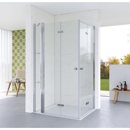 Dusche 140x80x187 cm Duschkabine Eckeinstieg Eckdusche Glas Falttür Drehfalttür Duschabtrennung mit Festteil Nebenteil Drehtür 5 mm Echtglas Rahmenlos Klappbar Duschtür