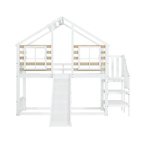 Kinderbett mit Treppe Rutsche und Fenster Blockhaus Etagenbett Jugendbett 90x200cm Weiß