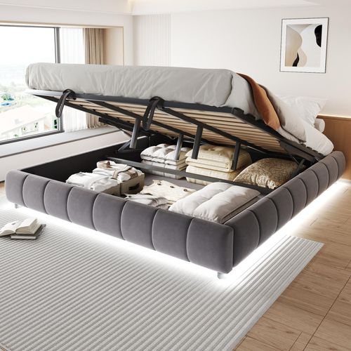 okwish Polsterbett 180x200 mit Bettgestell und Lattenrost,Jugendbett mit LED-Lichtleiste,Einzelbett ohne Kopfteil ,Grau