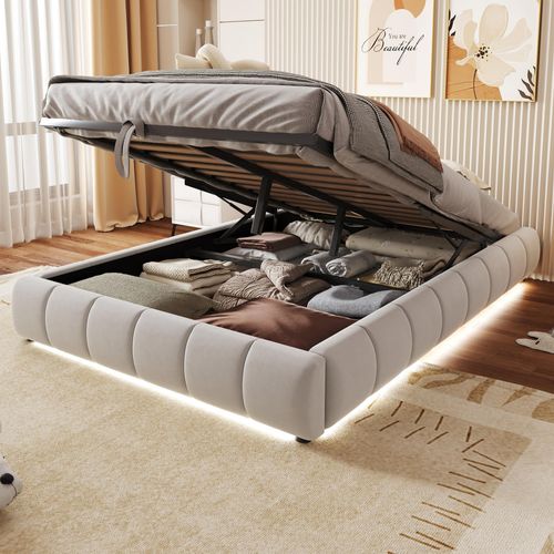 okwish Polsterbett 140x200 mit Bettgestell und Lattenrost,Jugendbett mit LED-Lichtleiste,Einzelbett ohne Kopfteil,Beige