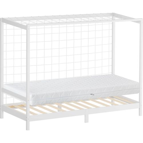 ML-Design Kinderbett Fußballtor 90x200 cm Einzelbett mit Matratze H:16cm Weiß Holzbett mit Lattenrost & Netz Jugendbett aus Kiefernholz Handballtor
