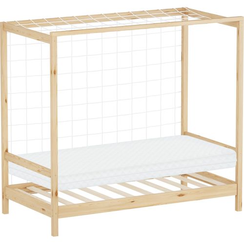 ML-Design Kinderbett Fußballtor 80x160 cm Einzelbett mit Matratze H:10cm Natur Holzbett mit Lattenrost & Netz Jugendbett aus Kiefernholz Handballtor