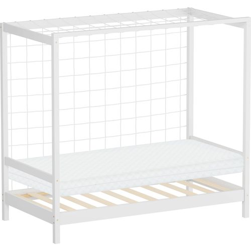ML-Design Kinderbett Fußballtor 80x160 cm Einzelbett mit Matratze H:10cm Weiß Holzbett mit Lattenrost & Netz Jugendbett aus Kiefernholz Handballtor