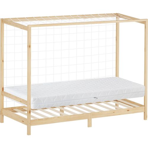 ML-Design Kinderbett Fußballtor 90x200 cm Einzelbett mit Matratze H:16cm Natur Holzbett mit Lattenrost & Netz Jugendbett aus Kiefernholz Handballtor
