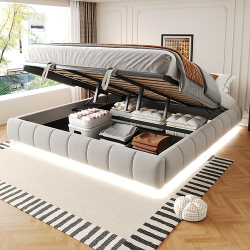 okwish Polsterbett 180x200 mit Bettgestell und Lattenrost,Jugendbett mit LED-Lichtleiste,Einzelbett ohne Kopfteil,Beige