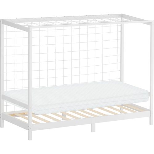 ML-Design Kinderbett Fußballtor 90x200 cm Einzelbett mit Matratze H:10cm Weiß Holzbett mit Lattenrost & Netz Jugendbett aus Kiefernholz Handballtor