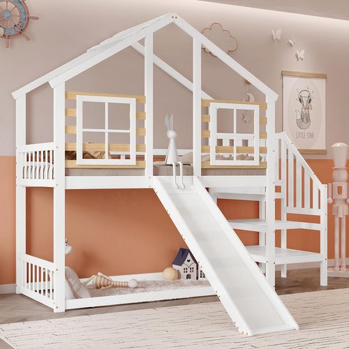 Kinderbett mit Treppe Rutsche und Fenster Blockhaus Etagenbett Jugendbett 90x200cm Weiß