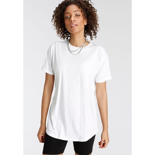 Oversize-Shirt TAMARIS, Damen, Gr. 36/38, weiß, Jersey, Obermaterial: 100% Baumwolle, Basic, weit Po-bedeckend, Rundhals, Kurzarm, Shirts, mit abgerundetem Saum