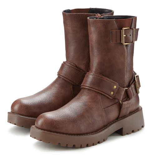 Bikerboots LASCANA, Damen, Gr. 41, braun, Obermaterial: 100% Lederimitat. Futter: 100% Lederimitat. Decksohle: 100% Lederimitat. Laufsohle: 100% Synthetik, unifarben, casual, Schuhe, mit trendigen Zierschnallen, Stiefel, Stiefelette
