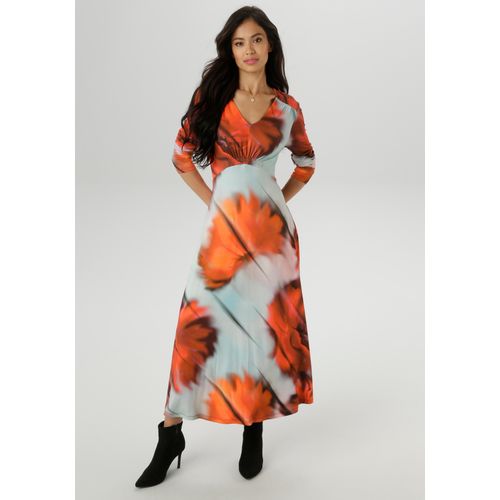 Midikleid ANISTON SELECTED, Damen, Gr. 44, N-Gr, rot, silber, anthra, rosa, Single Jersey, Obermaterial: 95% Viskose, 5% Elasthan, bedruckt, gemustert, Batikmuster, modisch, figurumspielend, V-Ausschnitt, Langarm, Kleider, mit Smok-Details - NEUE KOLLEKTION