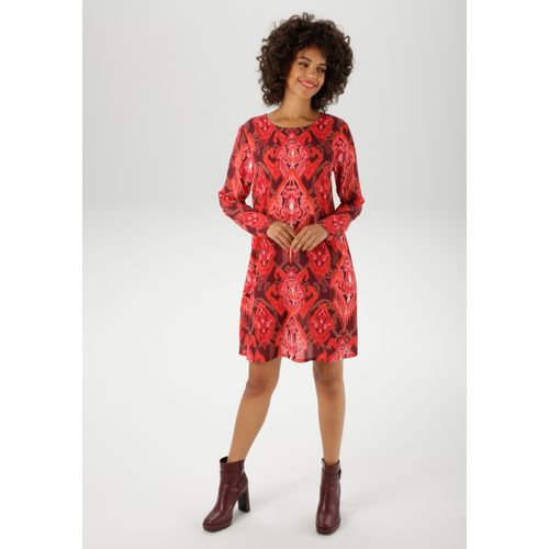 Minikleid ANISTON CASUAL, Damen, Gr. 48, N-Gr, bordeaux, rot, orange, beige, rosa, braun, schwarz, weiß, Georgette, Obermaterial: 100% Polyester, bedruckt, gemustert, modisch, figurumspielend kniefrei, Rundhals, Langarm, Kleider, mit farbharmonischem Folklore-Druck - NEUE KOLLEKTION