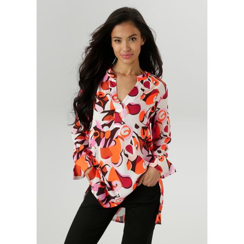 Longbluse ANISTON SELECTED, Damen, Gr. 38, orange, terra, sanftes weiß, braun, rosa, beige, Web, Obermaterial: 100% Viskose, bedruckt, gemustert, casual, lässig geschnitten Po-bedeckend, V-Ausschnitt, Langarm 2-Knopf-Manschette, Blusen, mit malerischen und fantasievollem Druck - NEUE KOLLEKTION