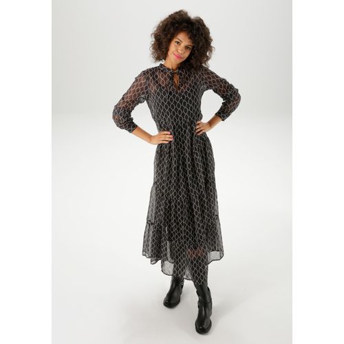 Maxikleid ANISTON CASUAL, Damen, Gr. 46, N-Gr, schwarz-weiß (schwarz, weiß), Chiffon, Web, Obermaterial: 100% Polyester. Futter: 100% Polyester, gepunktet, bedruckt, gemustert, feminin, lässig geschnitten knöchellang, V-Ausschnitt, Langarm 1-Knopf-Manschette, Kleider, mit interessantem Kettendruck aus Punkten - NEUE KOLLEKTION