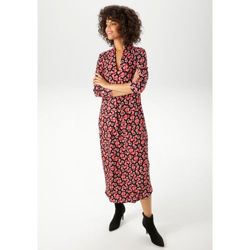 Midikleid ANISTON CASUAL, Damen, Gr. 42, N-Gr, beere, schwar, bordeaux, weiß, Cru00eape, Jersey, Obermaterial: 98% Polyester, 2% Elasthan, gemustert, bedruckt, modisch, lässig geschnitten Midi, V-Ausschnitt, Langarm, Kleider, mit grafischem Retro-Muster - jedes Teil ein Unikat - NEUE KOLLEKTION