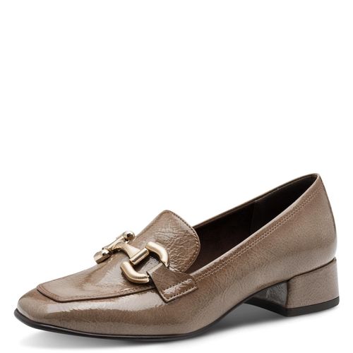 Slipper TAMARIS, Damen, Gr. 41, grau (taupe), Lacksynthetik, unifarben, used, Schuhe, Blockabsatz, Pumps, Businessschuh mit modischer Zierspange