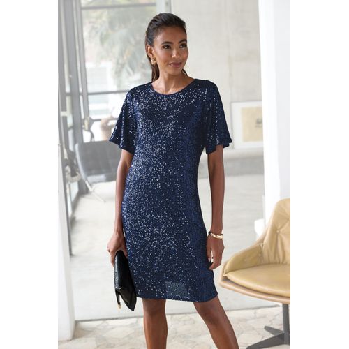 Paillettenkleid LASCANA, Damen, Gr. 44, N-Gr, blau (marine), Stoff, Obermaterial: 95% Polyester, 5% Elasthan. Futter: 100% Polyester, unifarben, leicht glänzend, festlich, figurumspielend kniefrei, Rundhals, Kurzarm, Kleider, festlich, Glitzerkleid mit kurzen Ärmeln