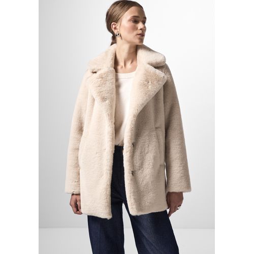 Fellimitatjacke STREET ONE STUDIO, Damen, Gr. 42, weiß (lucid weiß), Stoff, 100% Polyester, unifarben, casual, gerade hüftbedeckend, V-Ausschnitt, Langarm Bündchen, Jacken, mit Reverskragen