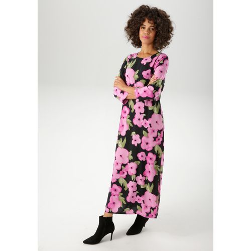 Maxikleid ANISTON CASUAL, Damen, Gr. 42, N-Gr, schwarz, pink, fuchsia, salbei, hellgrün, Web, Obermaterial: 100% Viskose, geblümt, bedruckt, Batikmuster, feminin, lässig geschnitten knöchelfrei, Rundhals, 3/4-Ärmel, Kleider, mit farbenfrohen Blumendruck - jedes Teil ein Unikat - NEUE KOLLEKTION