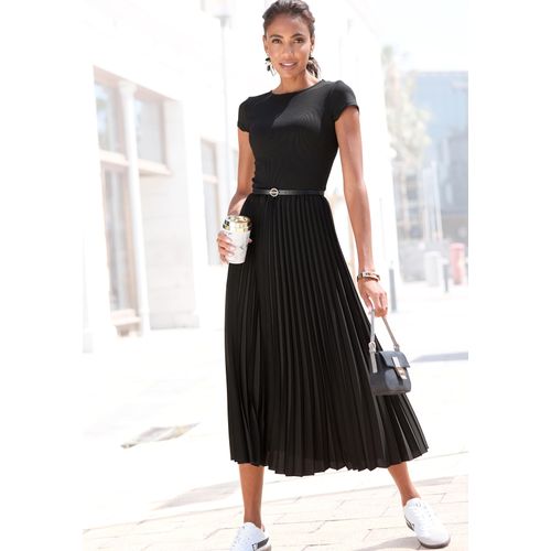 Midikleid LASCANA, Damen, Gr. 44, N-Gr, schwarz, Obermaterial: 100% Polyester. Obermaterial 2: 100% Polyester, unifarben, modisch, figurumspielend Midi, Rundhals, Kurzarm, Kleider, mit Plisseerockteil, Basic, modisch, Topseller