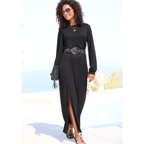 Maxikleid LASCANA, Damen, Gr. 36, N-Gr, schwarz, Jersey, Obermaterial: 100% Viskose, unifarben, modisch, figurumspielend knöchellang, Rundhals, Langarm gesmokt, Kleider, mit seitlichem Schlitz, schlichtes Jerseykleid, Basic